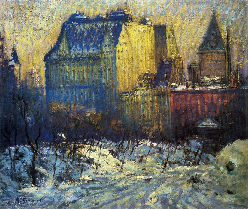 A View of the Plaza from Central Park in Winter, vintage artwork by Arthur Clifton Goodwin, 12x8" (A4) Poster