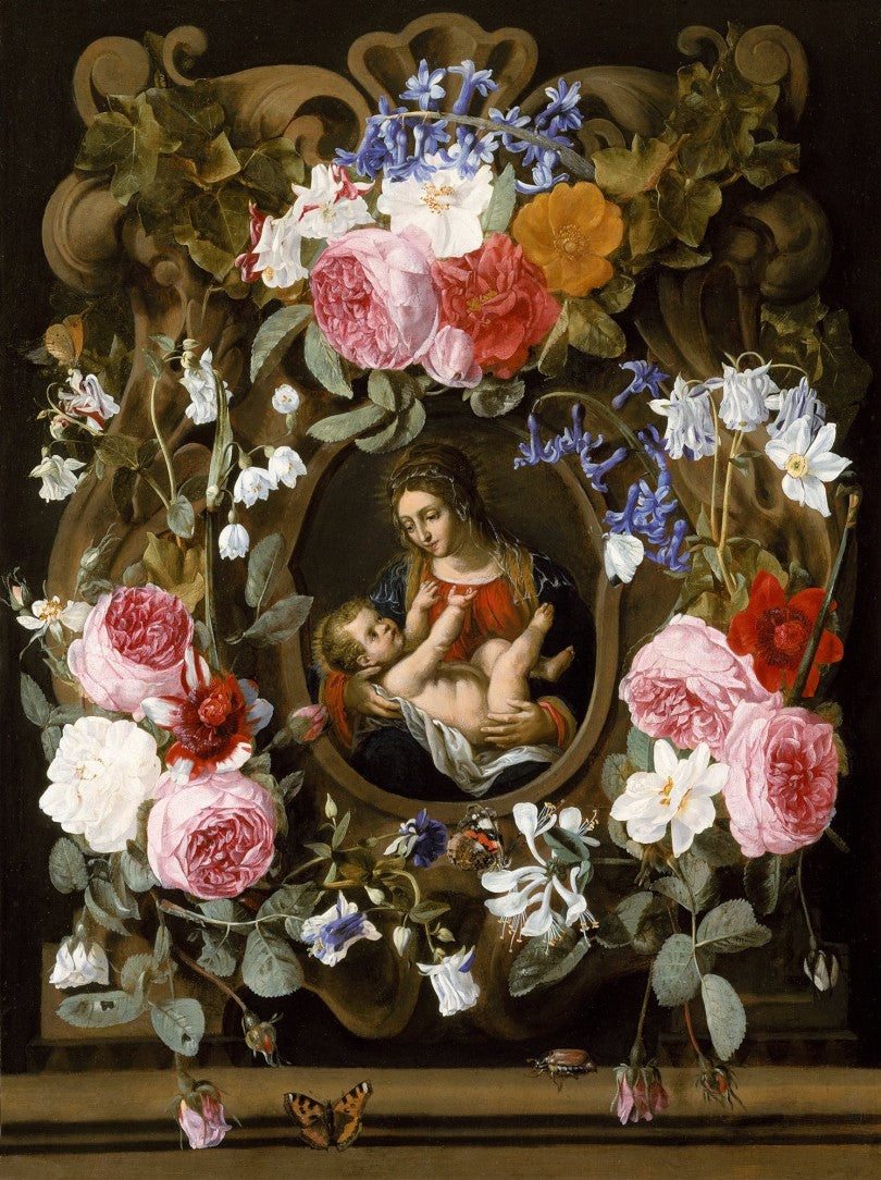 Garland of Flowers with the Madonna and Child, vintage artwork by Carstian Luyckx, 12x8" (A4) Poster