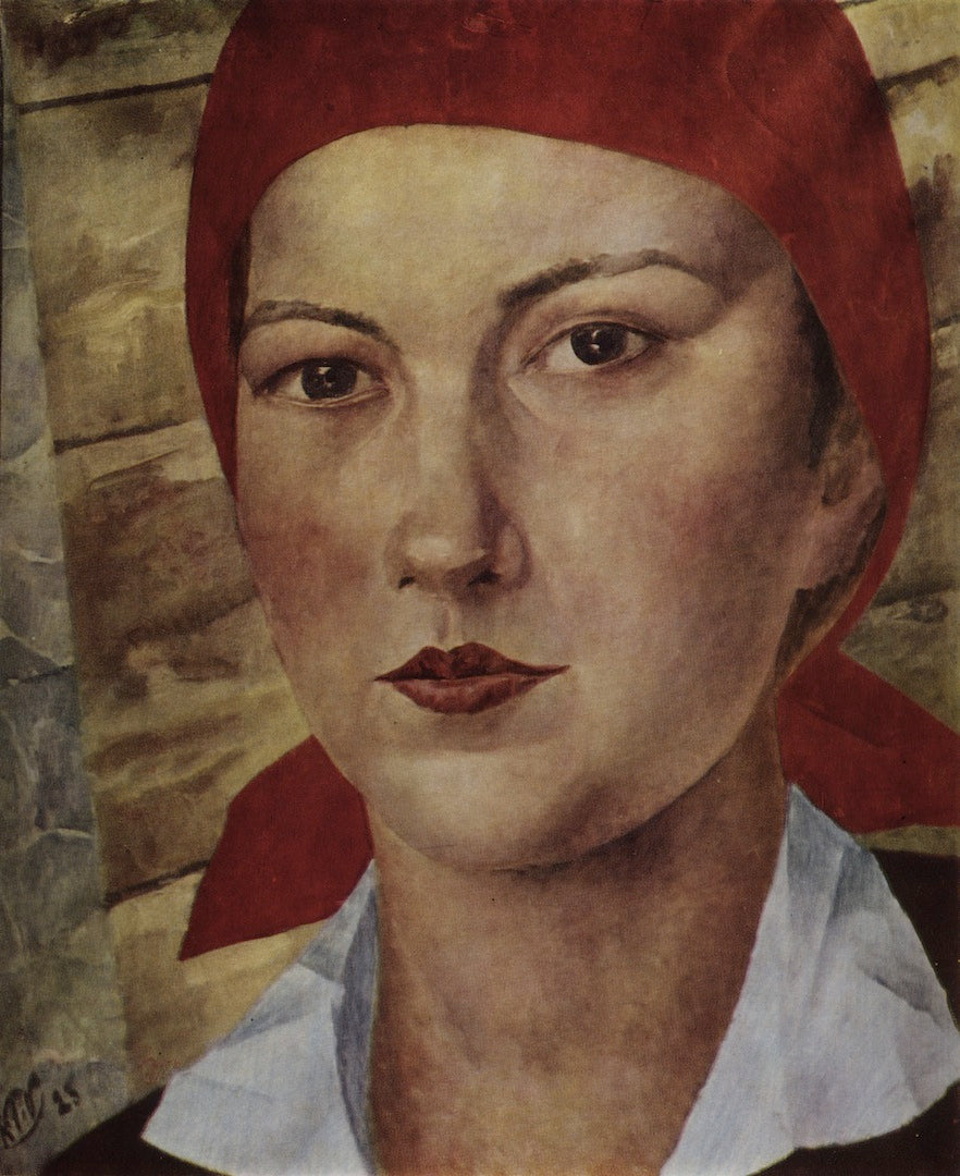 Girl in a Red Kerchief, vintage artwork by Kuzma Petrov-Vodkin, 12x8" (A4) Poster
