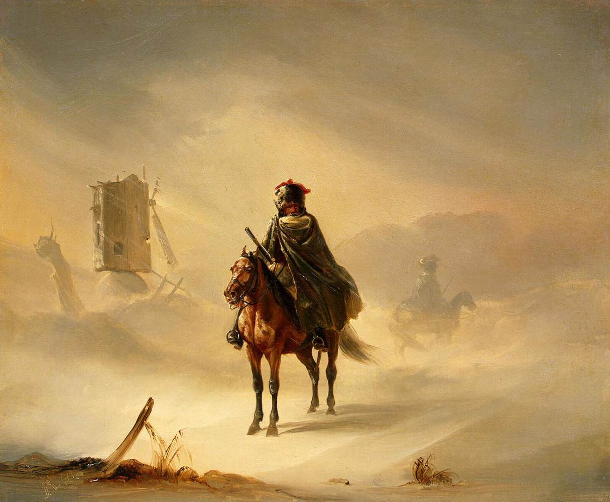 Two French Hussars on Patrol in Winter, vintage artwork by Auguste Raffet, A3 (16x12") Poster Print