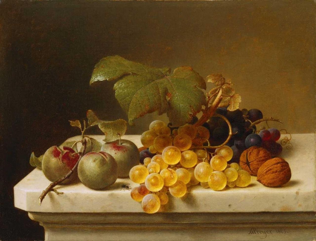 Still life with Plums, Grapes and Nuts, vintage artwork by Johann Wilhelm Preyer, A3 (16x12") Poster Print