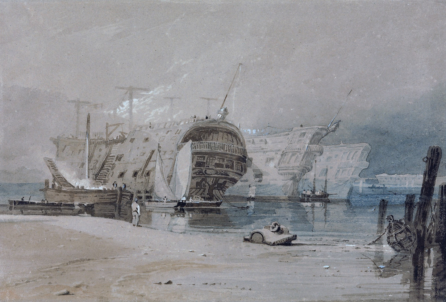 Hulks at Plymouth, vintage artwork by Samuel Prout, 12x8" (A4) Poster