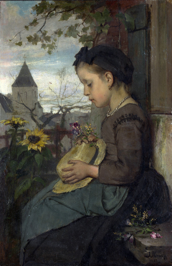 A Girl Seated Outside a House, vintage artwork by Jacob Maris, 12x8" (A4) Poster