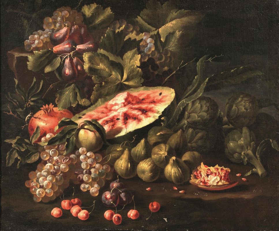 Still Life with Fruits, Watermelon and Grapes, vintage artwork by Carlo Manieri, 12x8" (A4) Poster