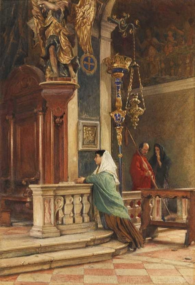 Praying in a Venetian Church, vintage artwork by Ludwig Johann Passini, 12x8" (A4) Poster
