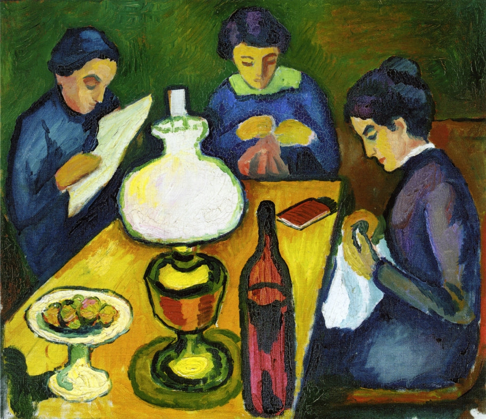 Three Women at the Table by the Lamp, vintage artwork by August Macke, 12x8" (A4) Poster