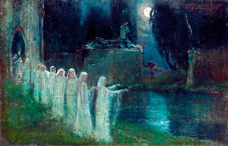 Daughters of the night, vintage artwork by Lajos Gulácsy, 12x8" (A4) Poster