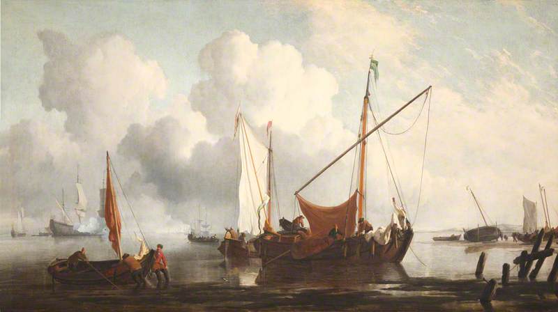 A Calm: A Kaag near the Shore with Other Vessels, vintage artwork by Willem van de Velde the Younger, 12x8" (A4) Poster
