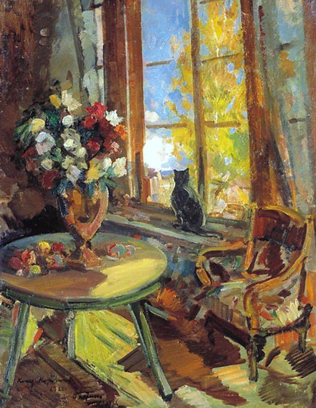 Black Cat at a Windowsill by Constantin Alexeevich Korovin,A3(16x12")Poster