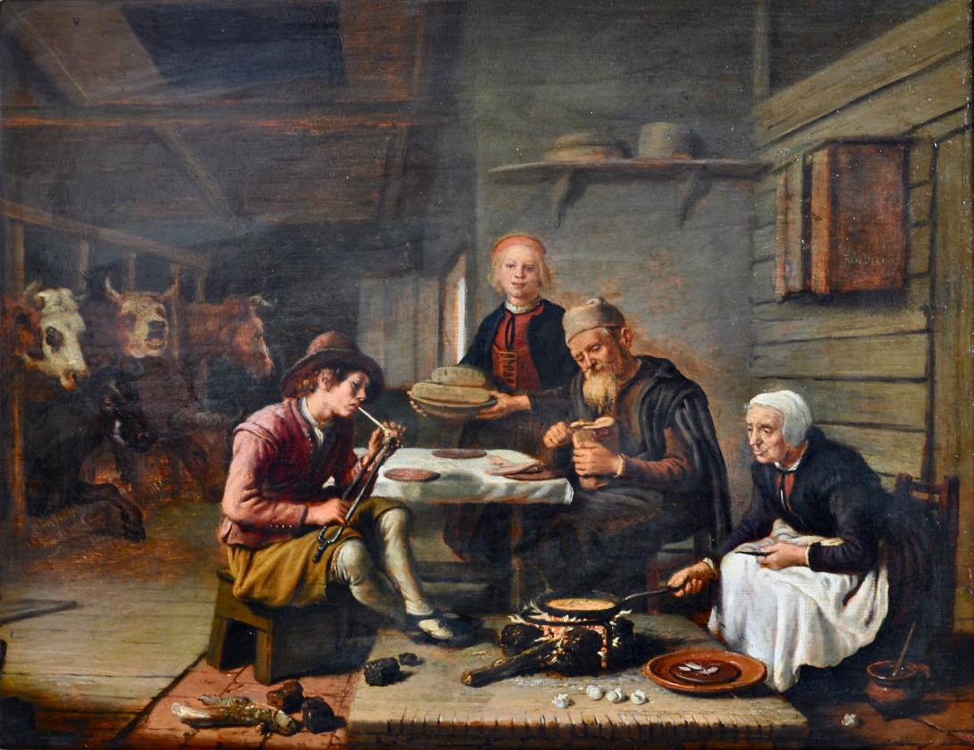 Peasant's Meal in the Stable, vintage artwork by Jan Victors, 12x8" (A4) Poster