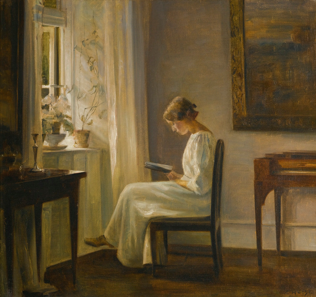 Interior with a Woman Reading, vintage artwork by Carl Vilhelm Holsøe, 12x8" (A4) Poster