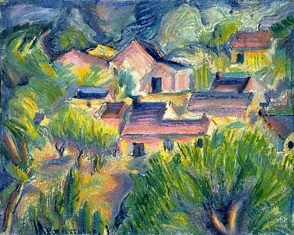 Houses and Landscape, vintage artwork by Preston Dickinson, 12x8" (A4) Poster