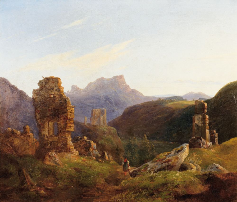 Ruins in a Mountainous Landscape, vintage artwork by Heinrich Bürkel, A3 (16x12") Poster Print