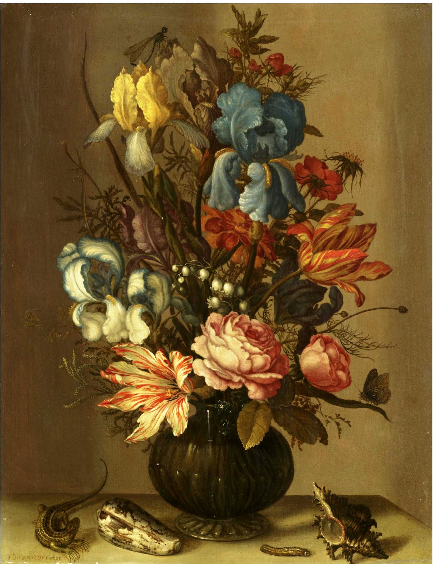 Still Life of Roses, Tulips, Irises, French Marigold, etc., vintage artwork by Balthasar van der Ast, 12x8" (A4) Poster