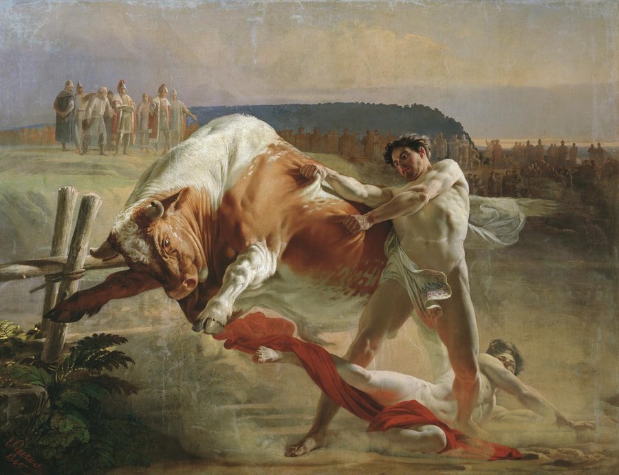 Man Fighting with a Bull, vintage artwork by Evgraf Sorokin, A3 (16x12") Poster Print