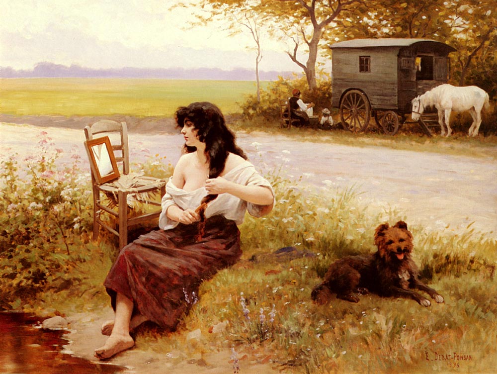 Gypsy at Her Toilette, vintage artwork by Edouard Bernard Debat-Ponsan, 12x8" (A4) Poster