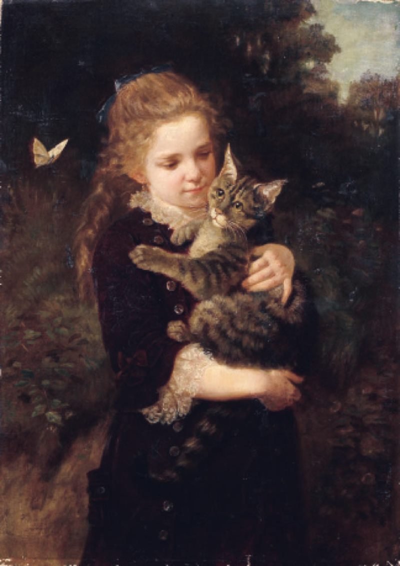 Girl with Cat, vintage artwork by Nikolai Bodarevsky, 12x8" (A4) Poster