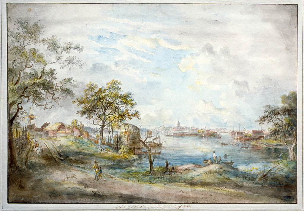 View towards Stockholm from Ryssviken, vintage artwork by Elias Martin, 12x8" (A4) Poster