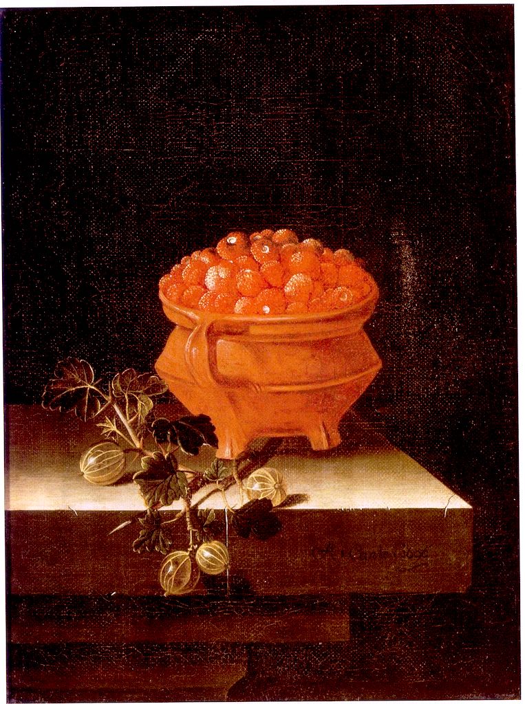 Still Life with a Bowl of Strawberries and a Spray of Gooseberries, vintage artwork by Adriaen Coorte, 12x8" (A4) Poster