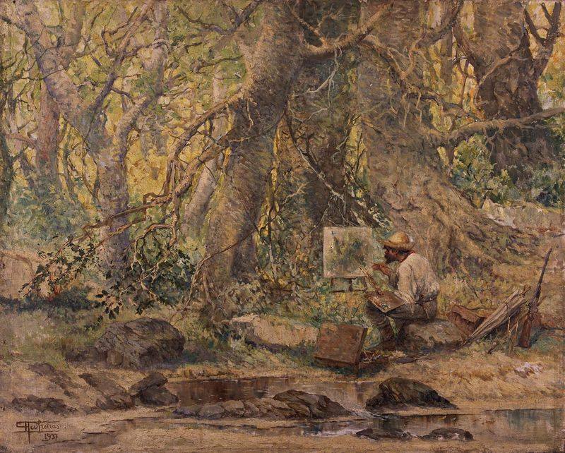 Painting Outdoors, vintage artwork by Antonio Parreiras, 12x8" (A4) Poster