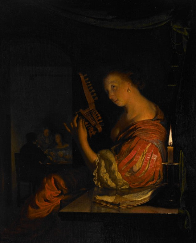 Woman tuning a lute, vintage artwork by Frans van Mieris the Elder, 12x8" (A4) Poster