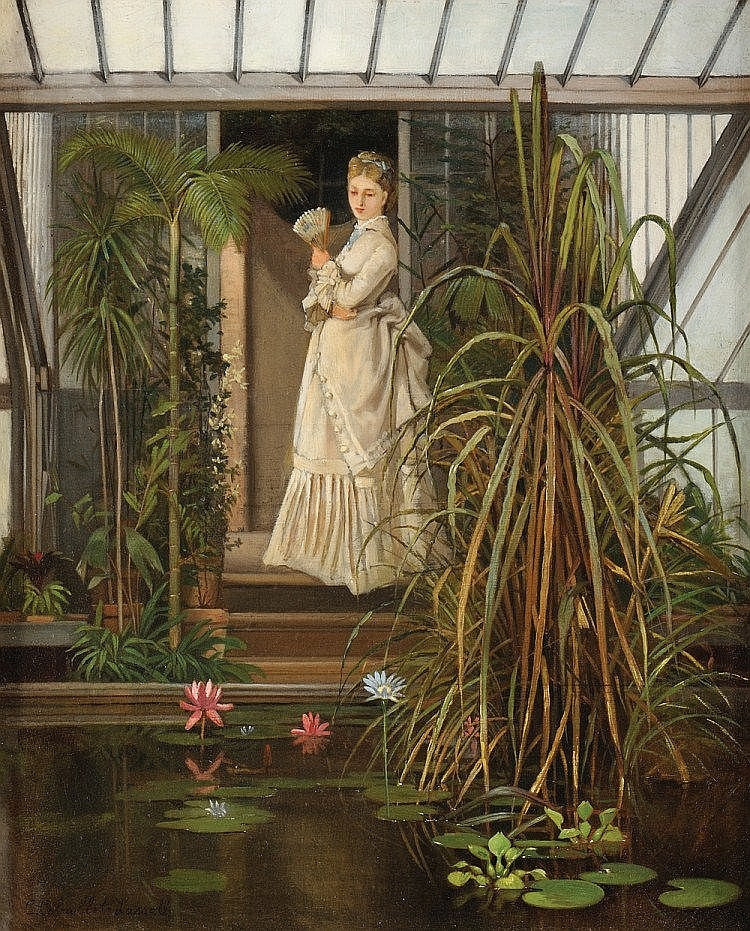 Elegant Lady in a Greenhouse, vintage artwork by Camille-Leopold Cabaillot Lassalle, 12x8" (A4) Poster