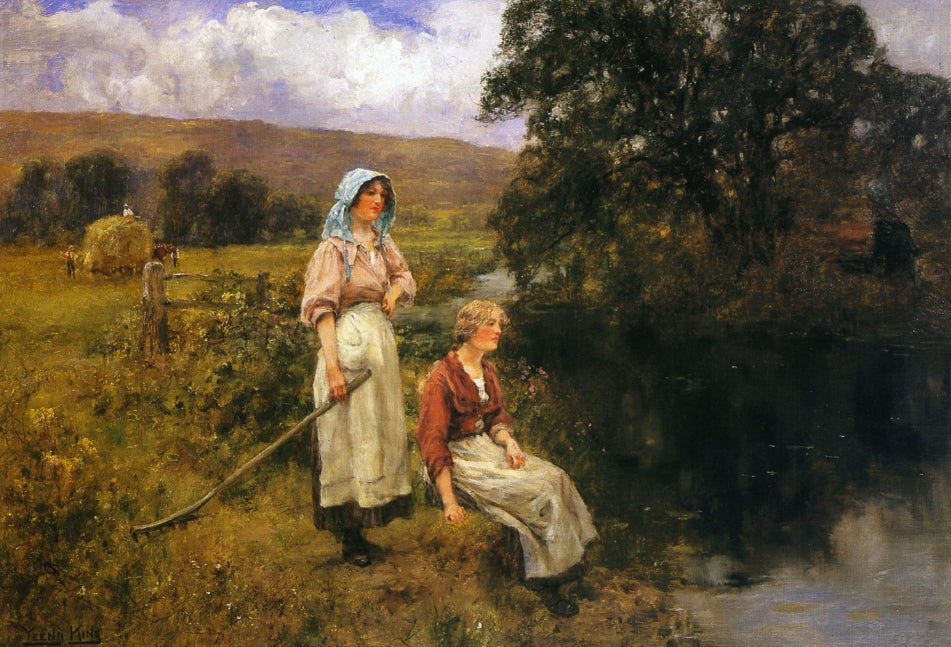 Farm Girls by a Stream, vintage artwork by Henry John Yeend King, 12x8" (A4) Poster