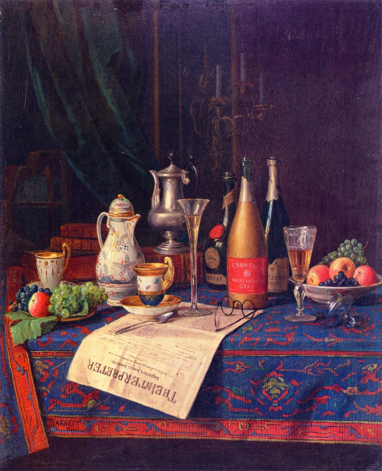 Still Life with Newspaper and Champagne, vintage artwork by William Michael Harnett, 12x8" (A4) Poster