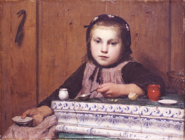 Girl Playing at the Stove, vintage artwork by Albert Anker, 12x8" (A4) Poster