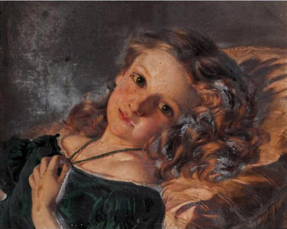 A girl reclining, vintage artwork by Sophie Gengembre Anderson, 12x8" (A4) Poster