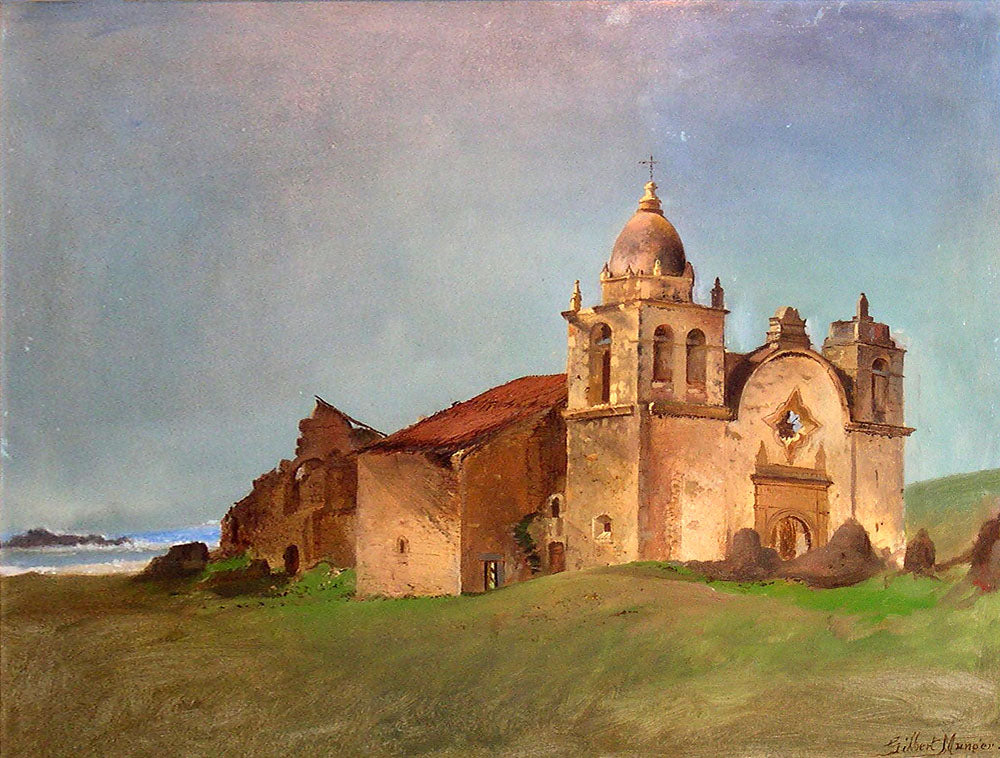 Mission San Carlos Borromeo de Carmelo, vintage artwork by Gilbert Munger, 12x8" (A4) Poster