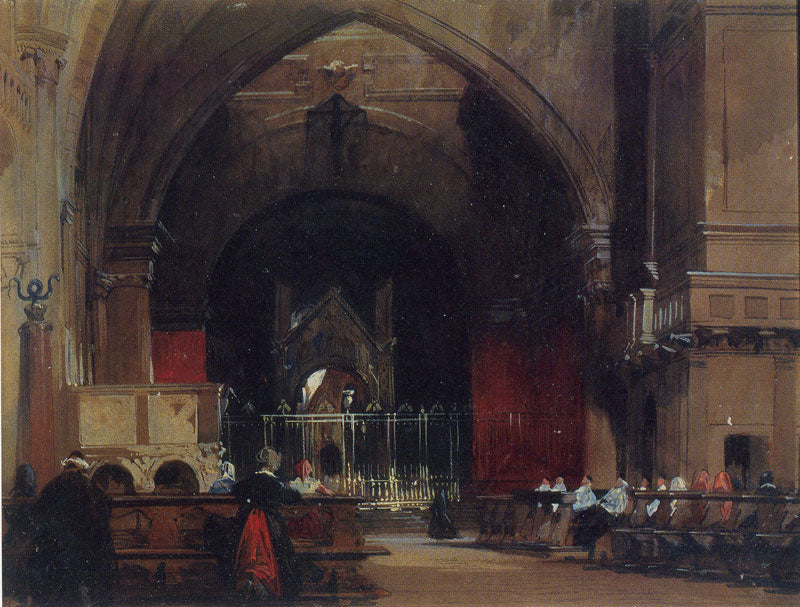 Interior of Sant'Ambrogio, Milan, vintage artwork by Richard Parkes Bonington, A3 (16x12") Poster Print