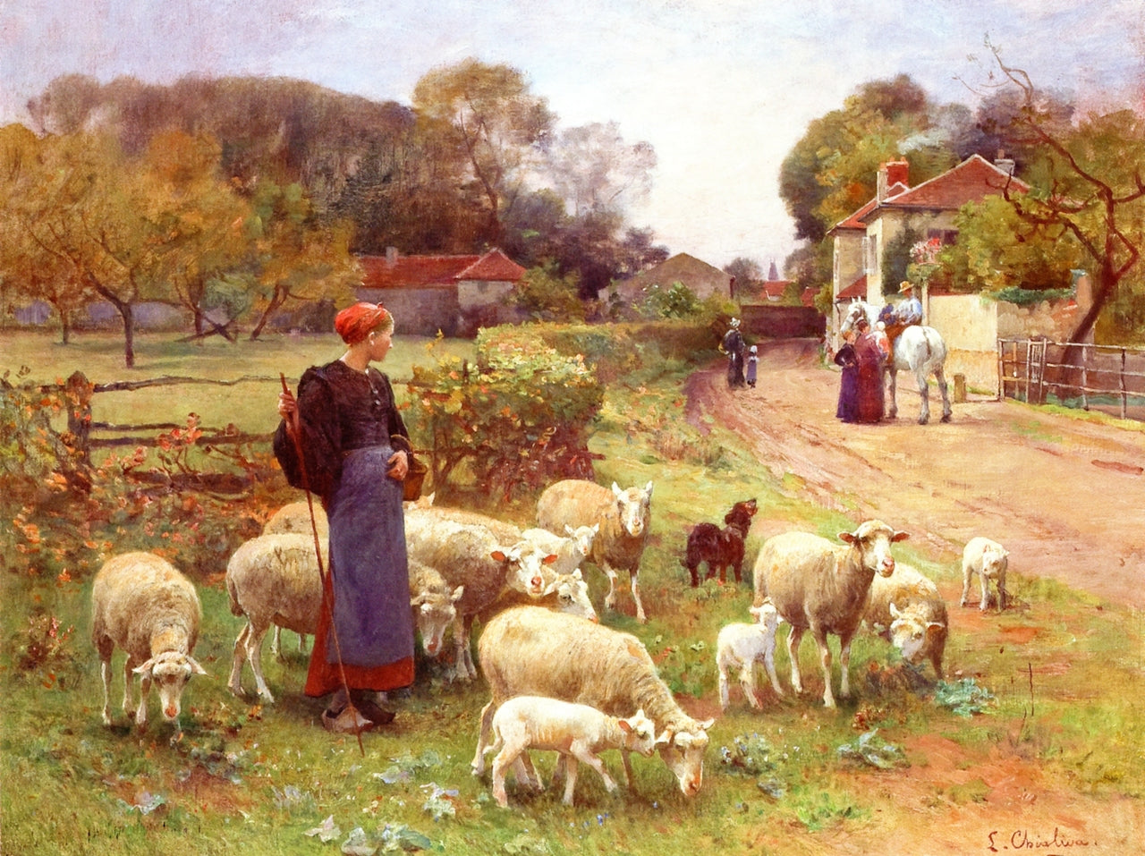 Tending the Flock, vintage artwork by Luigi Chialiva, 12x8" (A4) Poster