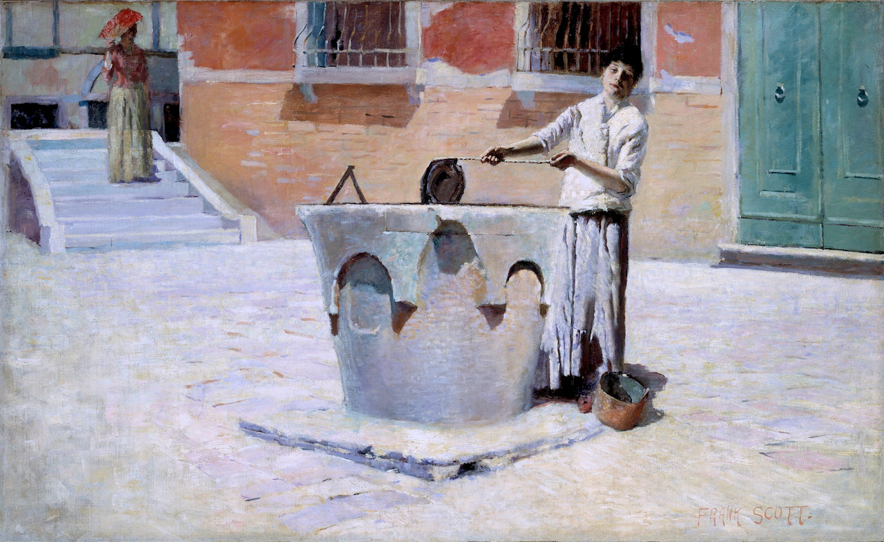 Scene Italienne pres de la Fontaine, vintage artwork by Frank Edwin Scott, 12x8" (A4) Poster