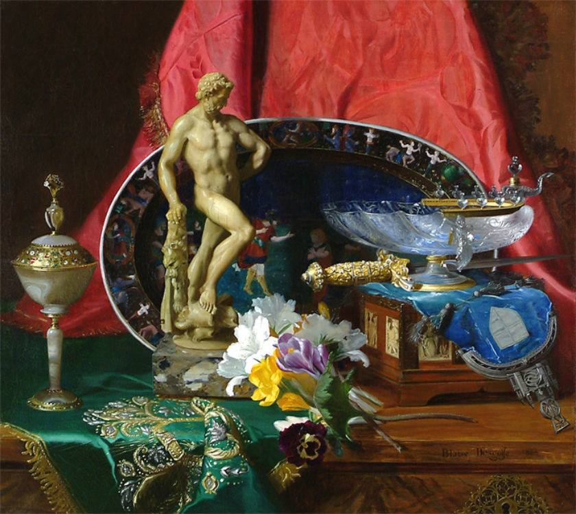 Fleurs et Objets d'Art, vintage artwork by Blaise Alexandre Desgoffe, 12x8" (A4) Poster