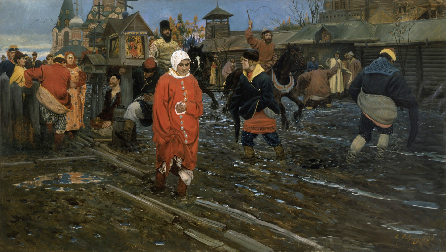 A Moscow Street on Holiday, vintage artwork by Andrei Petrovich Riabushkin, 12x8" (A4) Poster