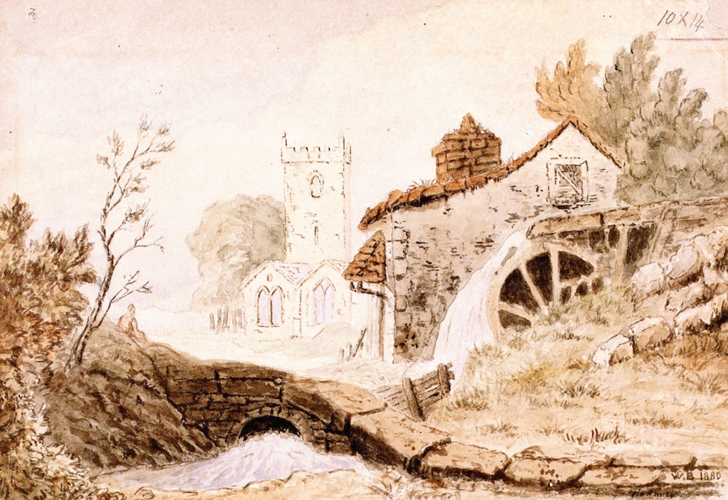 Church and Mill, vintage artwork by William Bruce Senior, 12x8" (A4) Poster