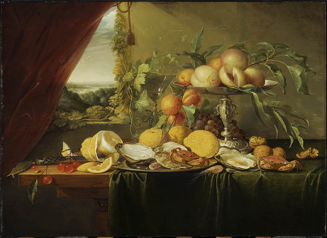Banquet Still Life with a View onto a Landscape, vintage artwork by Jan Davidsz. de Heem, 12x8" (A4) Poster