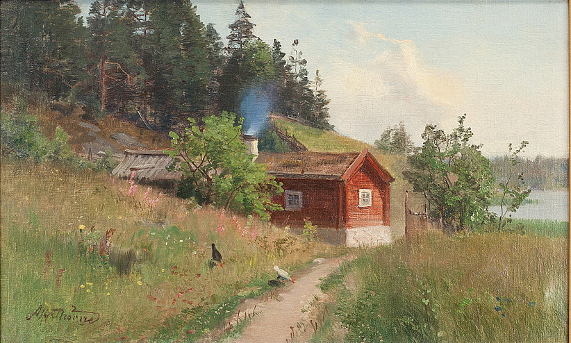 Summer Landscape with a Red Cottage, vintage artwork by Sven Alfred Thörne, 12x8" (A4) Poster