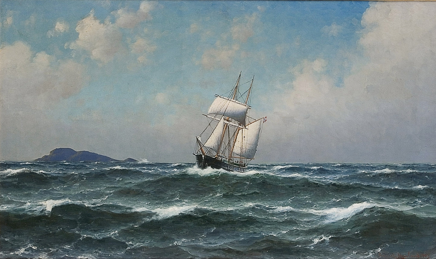 Sailing ship in the open seas, vintage artwork by Lauritz Haaland, 12x8" (A4) Poster