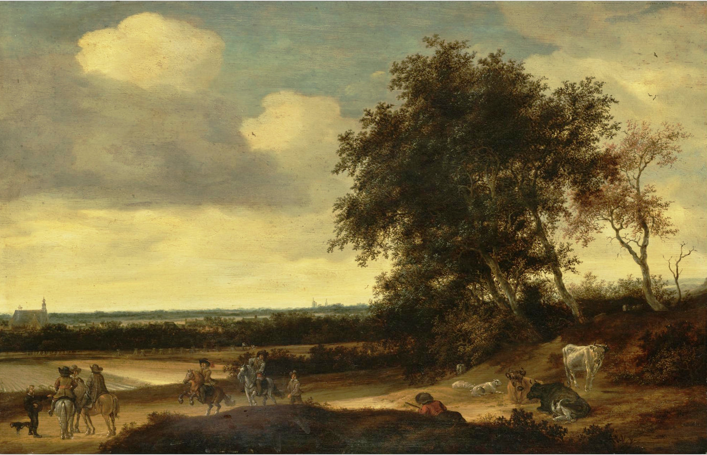 A landscape with cavaliers in the foreground, a church beyond, vintage artwork by Jacob van Ruisdael, 12x8" (A4) Poster