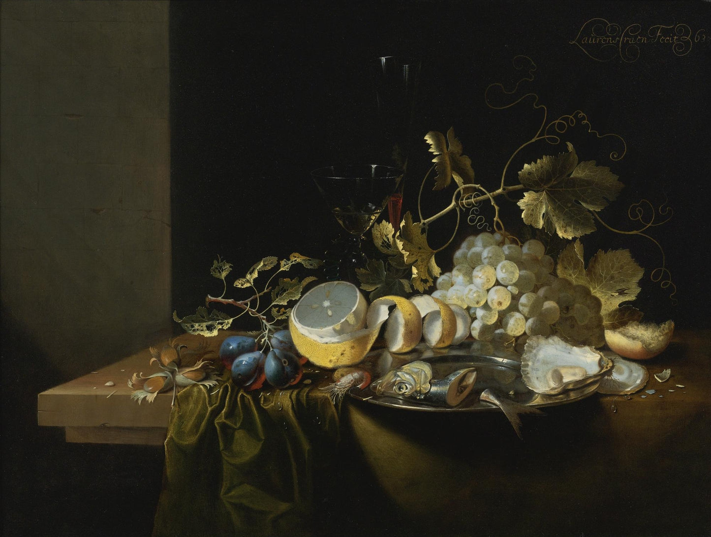 Still Life of Hazelnuts, Grapes, Oysters and other Foods on a Drapped Table, vintage artwork by Laurens Craen, 12x8" (A4) Poster