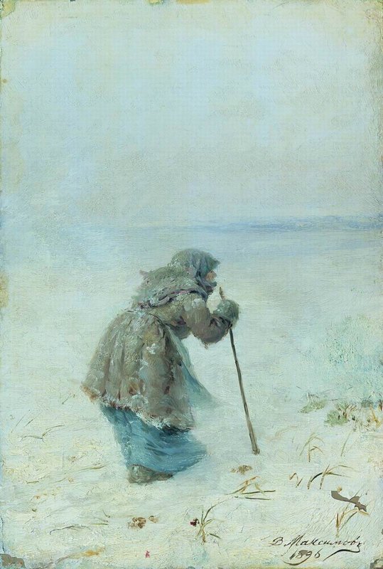 Old Woman in a Snowstorm, vintage artwork by Vasily Maximov, 12x8" (A4) Poster