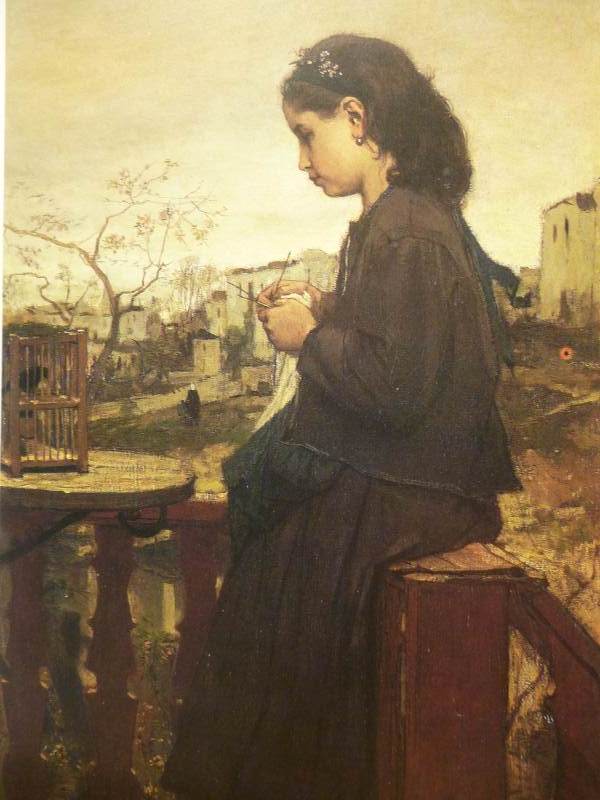 Girl Knitting on a Balcony in Montmartre, vintage artwork by Jacob Maris, 12x8" (A4) Poster