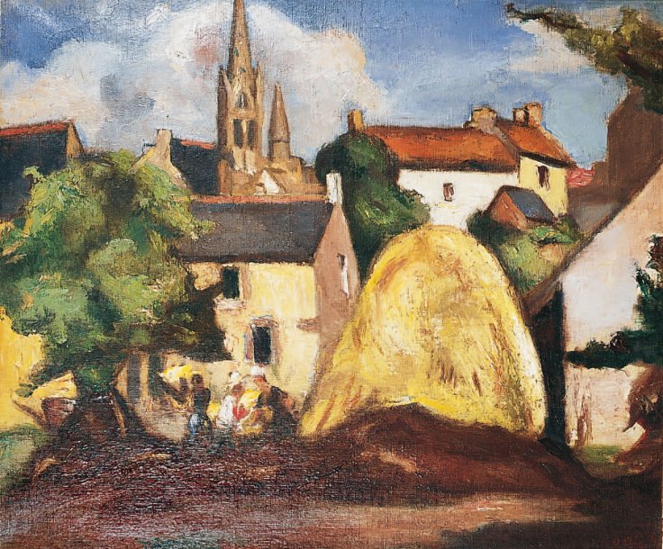 Village in Brittany, vintage artwork by Manuel Ortiz de Zarate, 12x8" (A4) Poster