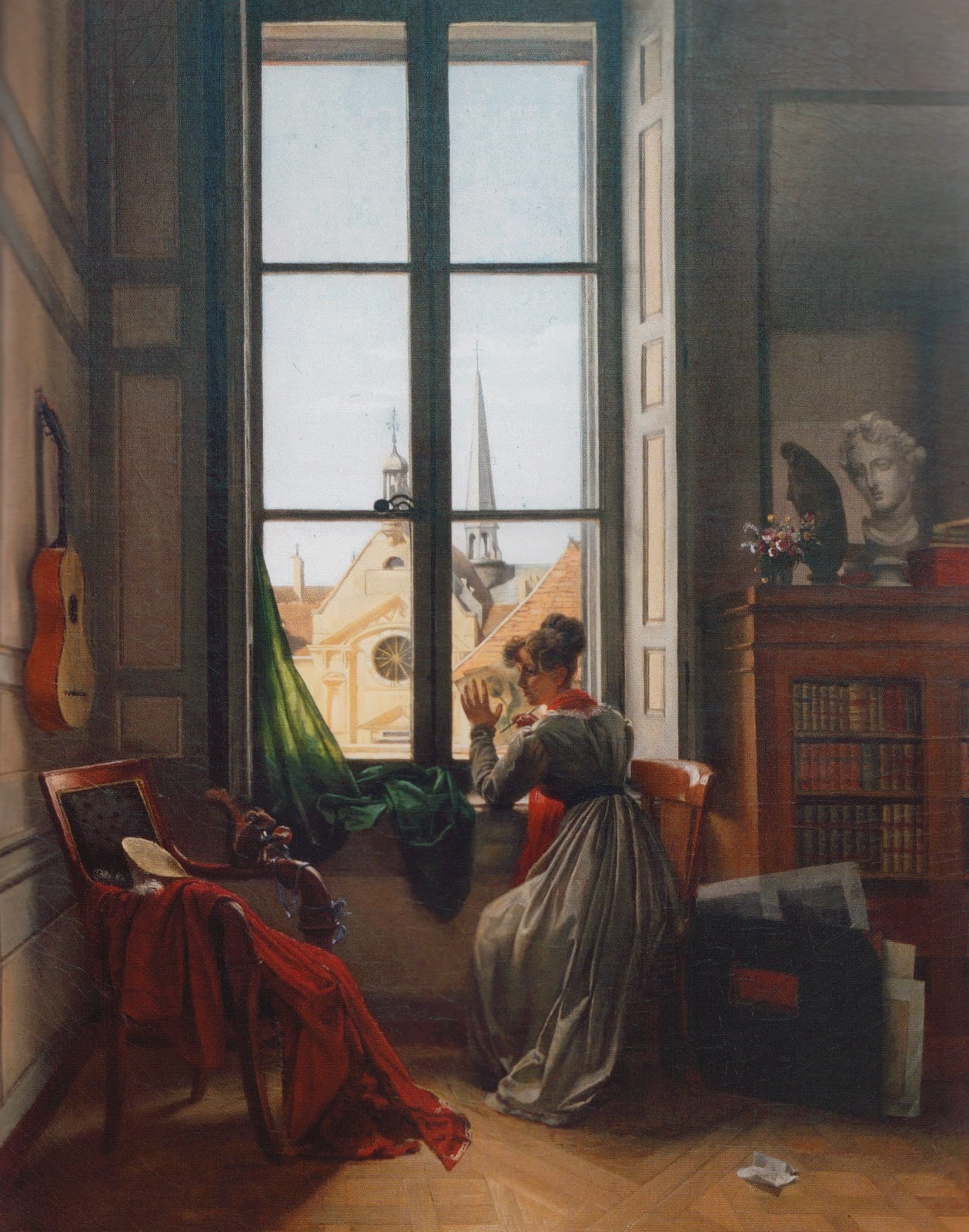 Interior with Young Woman Tracing a Flower, vintage artwork by Louise-Adeone Drölling, A3 (16x12") Poster Print