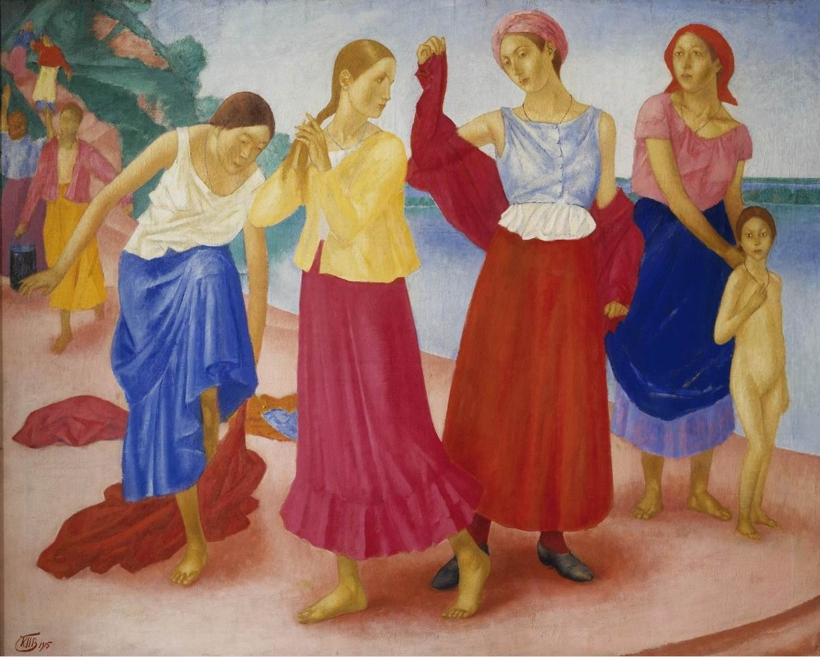 Girls on the Volga, vintage artwork by Kuzma Petrov-Vodkin, 12x8" (A4) Poster