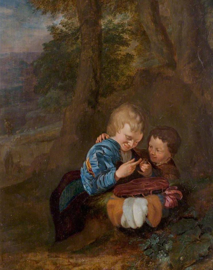 Two Boys with a Bird, vintage artwork by Eglon Hendrick van der Neer, 12x8" (A4) Poster