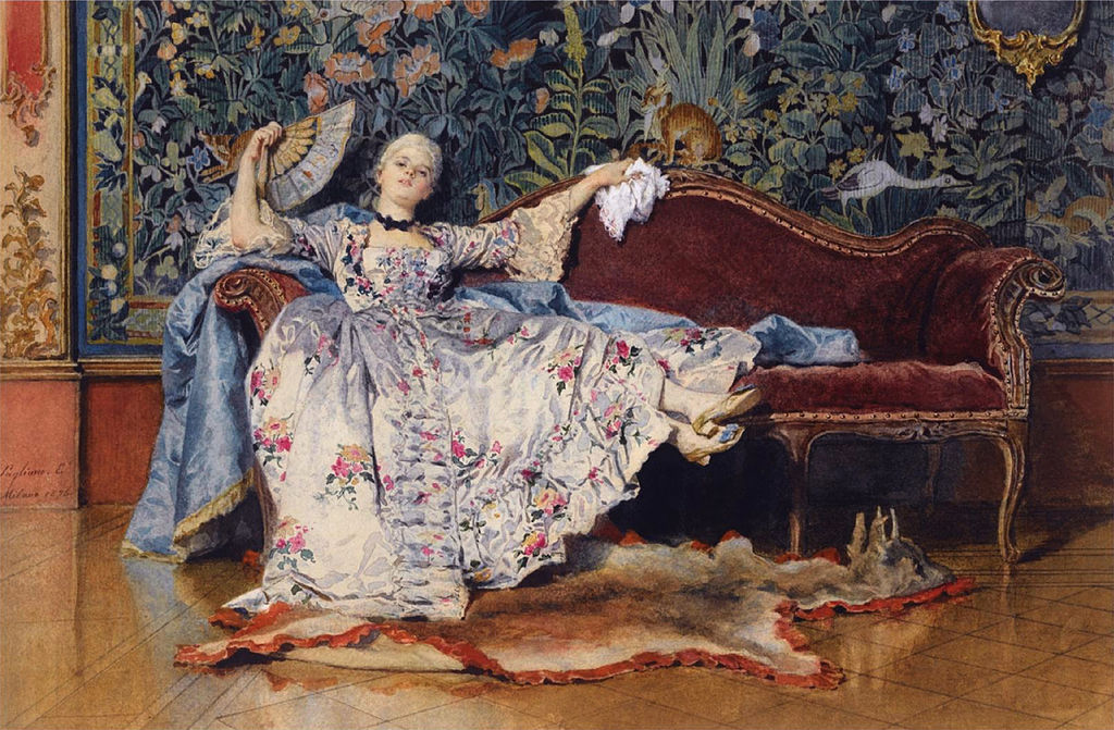 A reclining lady with a fan, vintage artwork by Eleuterio Pagliano, 12x8" (A4) Poster