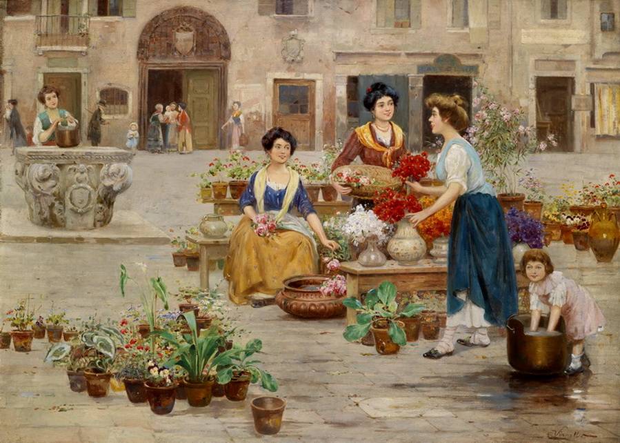 The Flower Market by Cesare Vianello,A3(16x12")Poster
